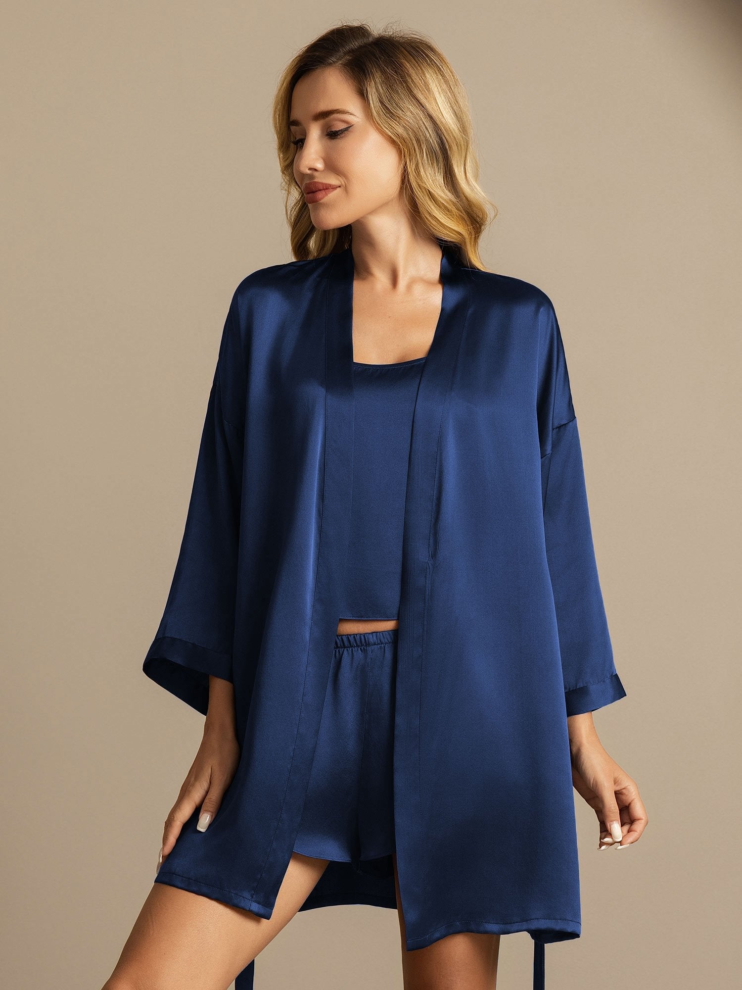 [Mørke blå] SilkSilky-NO Silke Nightgown&Robe Set 007,