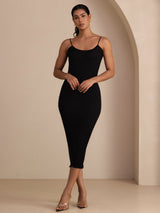 [Svart] SilkSilky-NO Spaghetti Strap Boat Neck Kjole 005