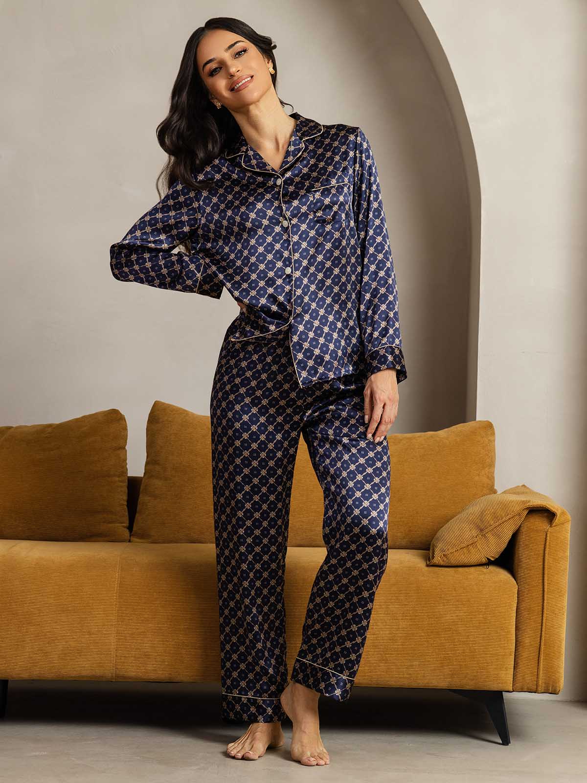 [Marine Kjede] SilkSilky-NO Long Sleeve Lapel Collar Pyjamas for Kvinner 002