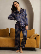 [Marine Kjede] SilkSilky-NO Long Sleeve Lapel Collar Pyjamas for Kvinner 002