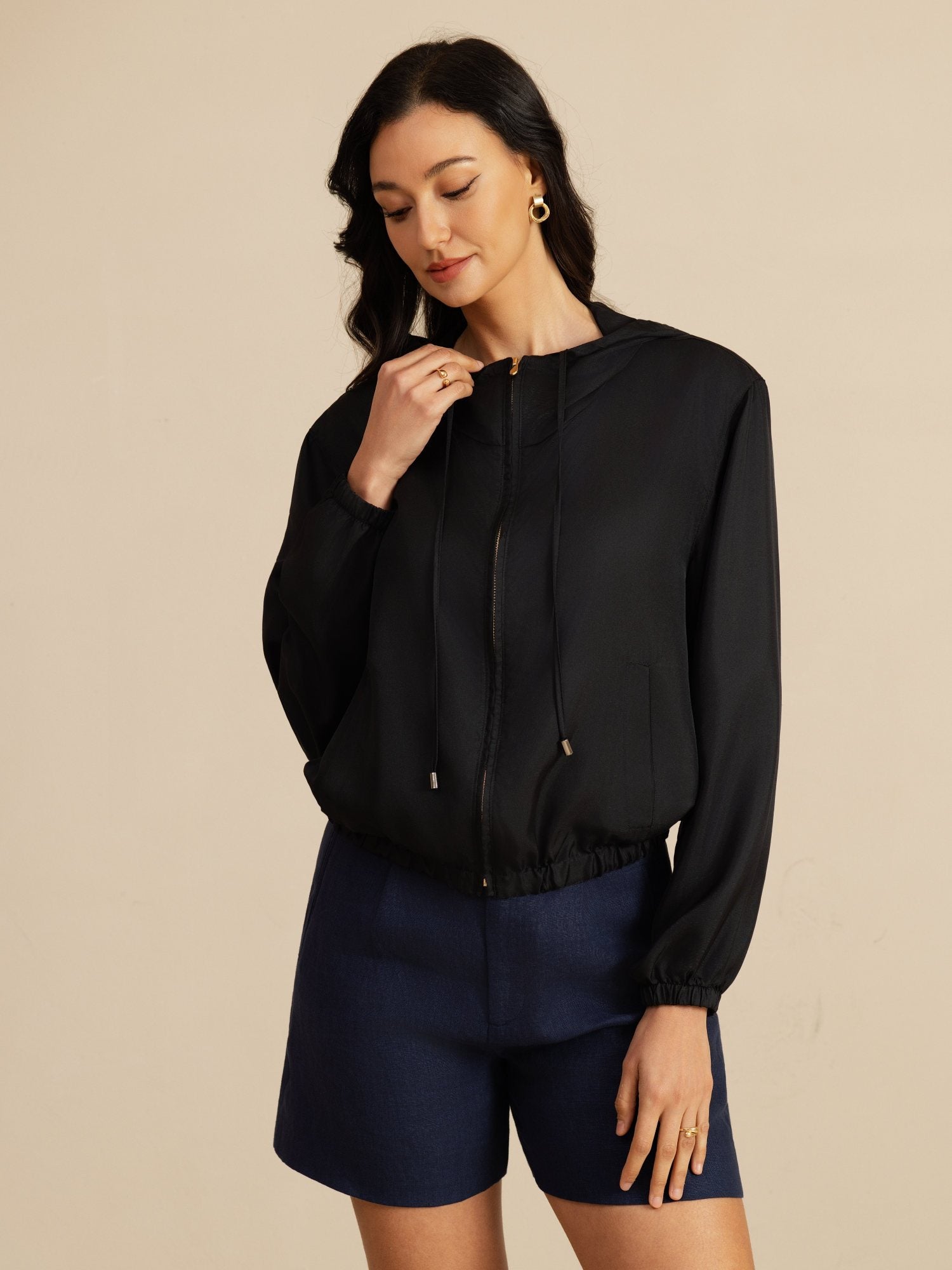 [Svart] SilkSilky-NO 18Momme Langermet Ståkrave Yttertøy for Kvinner 004