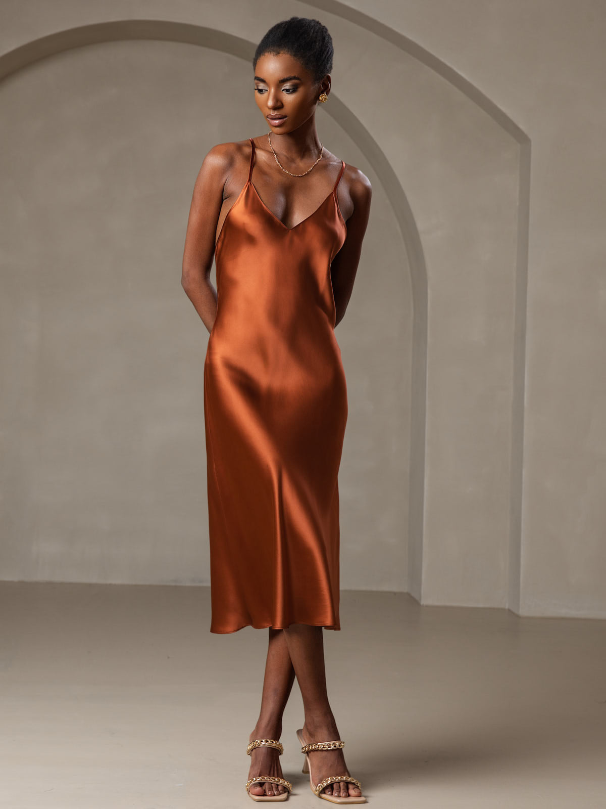 SilkSilky  Pure Silk Sleeveless V Neck Dress Caramel 002