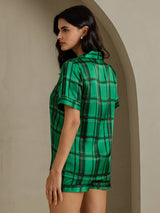 [Grønt Rutemønster] SilkSilky-NO Short Sleeve Notch Collar Pyjamas for Kvinner 002