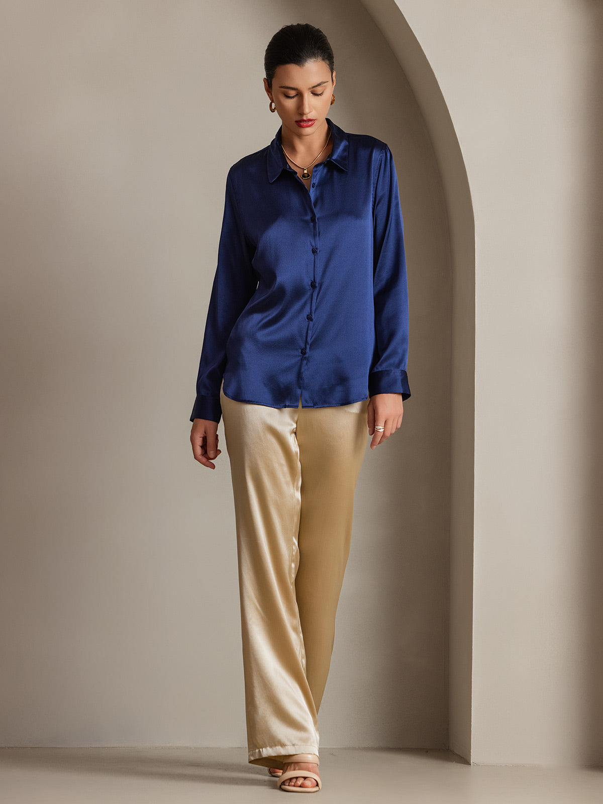 [Mørke blå] SilkSilky-NO Silke Long Sleeve Collar Skjorte for Kvinner 005