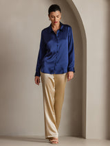 [Mørke blå] SilkSilky-NO Long Sleeve Lapel Collar Skjorte for Kvinner 005