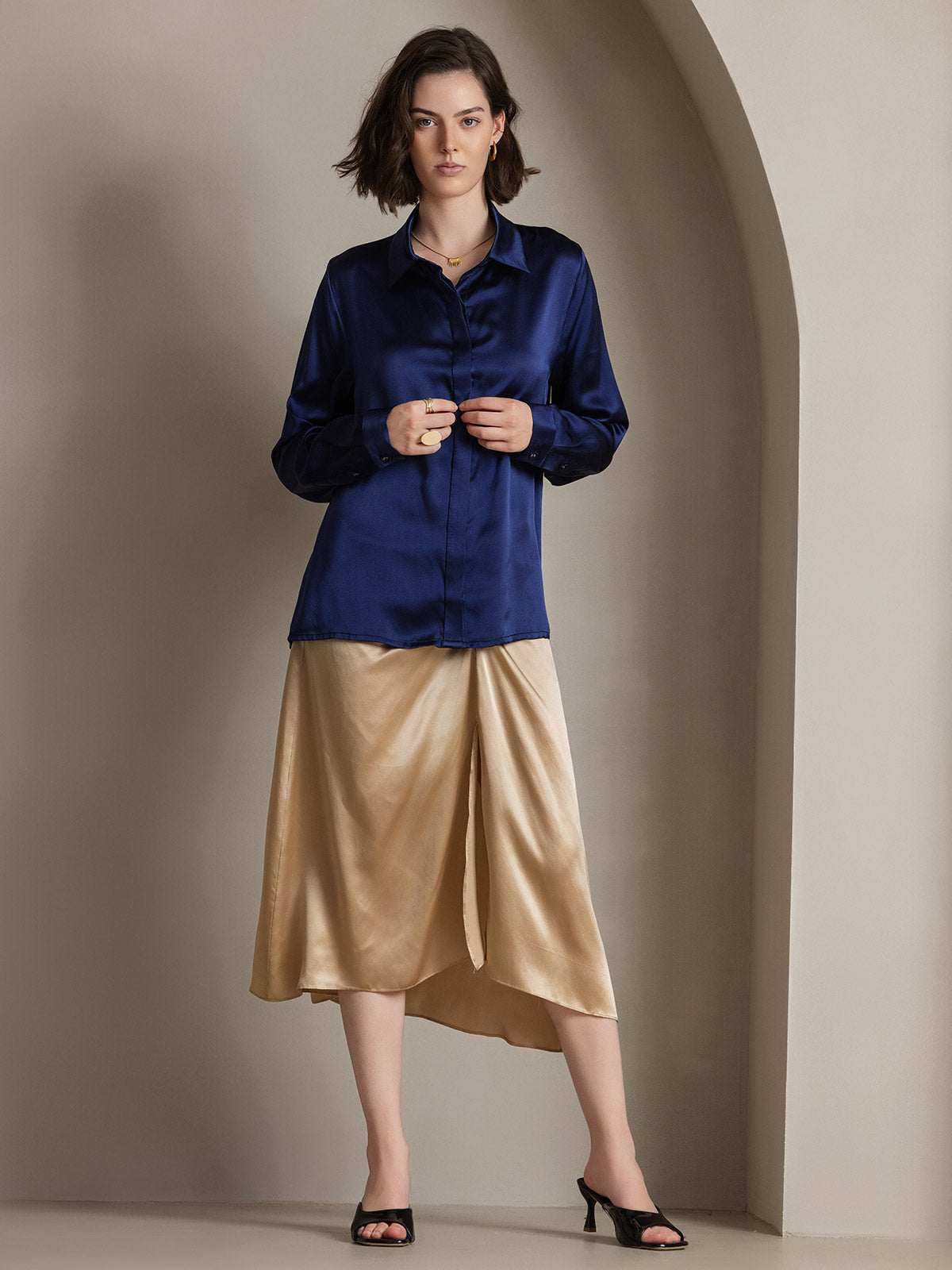 [Mørke blå] SilkSilky-NO 19Momme Silke Lapel Collar Skjorte for Kvinner 003