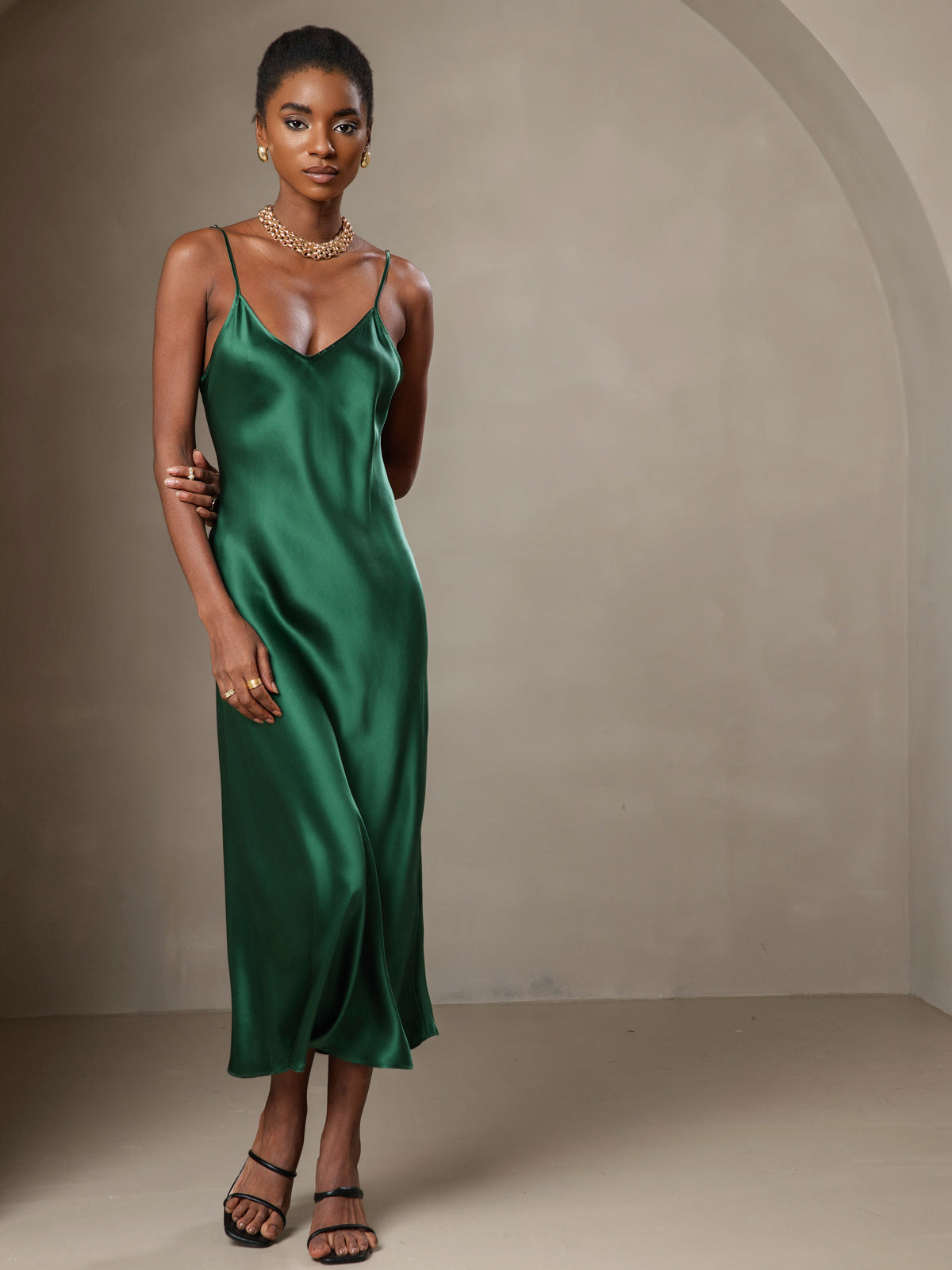 [Grønn] SilkSilky-NO Pure Silk Sleeveless Round Neck Kjole 001