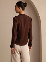 [Mørk Sjokolade] SilkSilky-NO Long Sleeve Tie Neck Damebluser 002