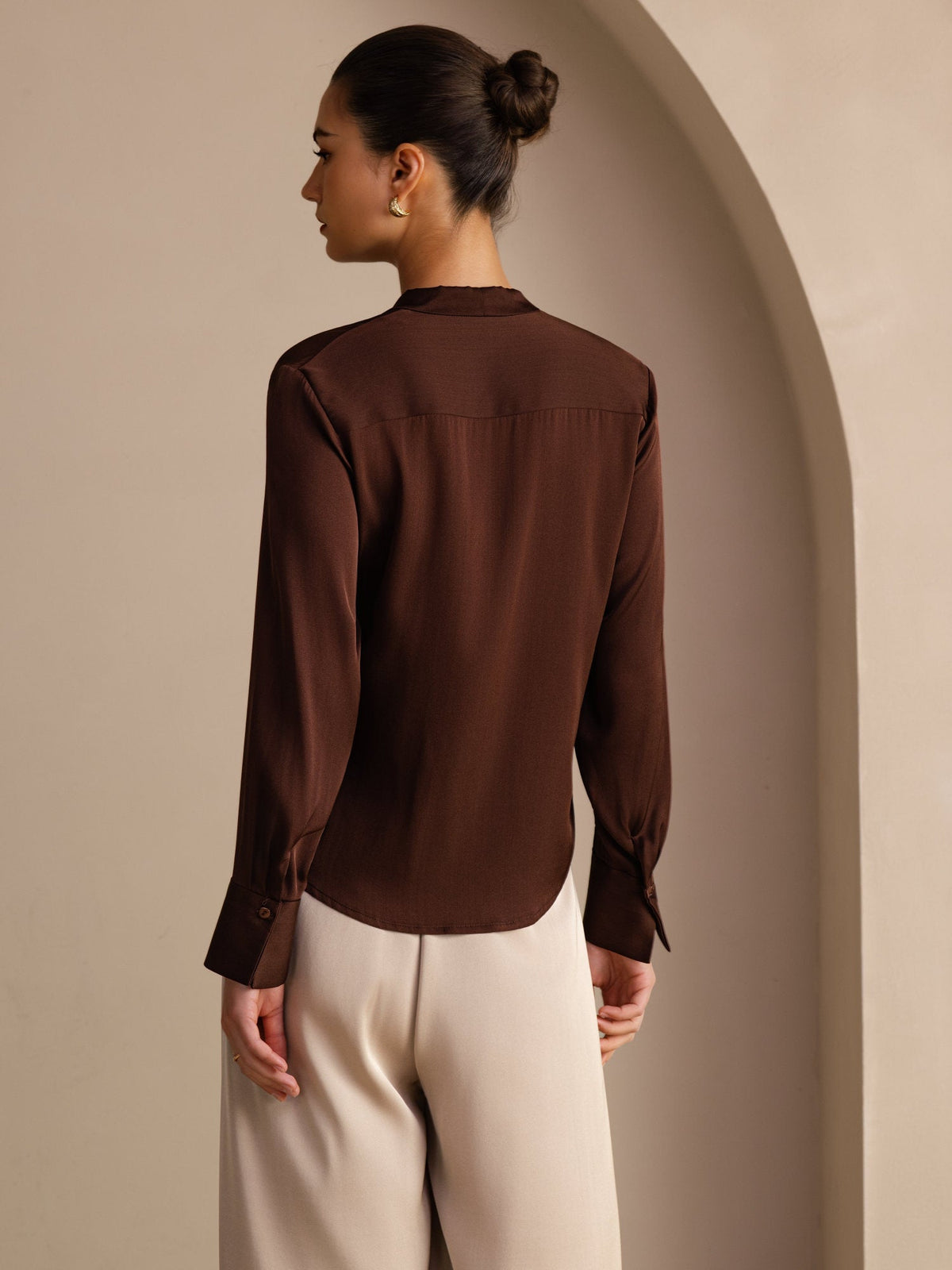 [Mørk Sjokolade] SilkSilky-NO Long Sleeve Tie Neck Damebluser 002