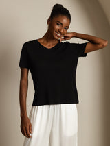 [Svart] SilkSilky-NO Short Sleeve V Neck T-skjorte for Kvinner 007