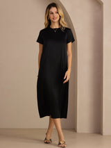 [Svart] SilkSilky-NO Short Sleeve Round Neck Kjole 007