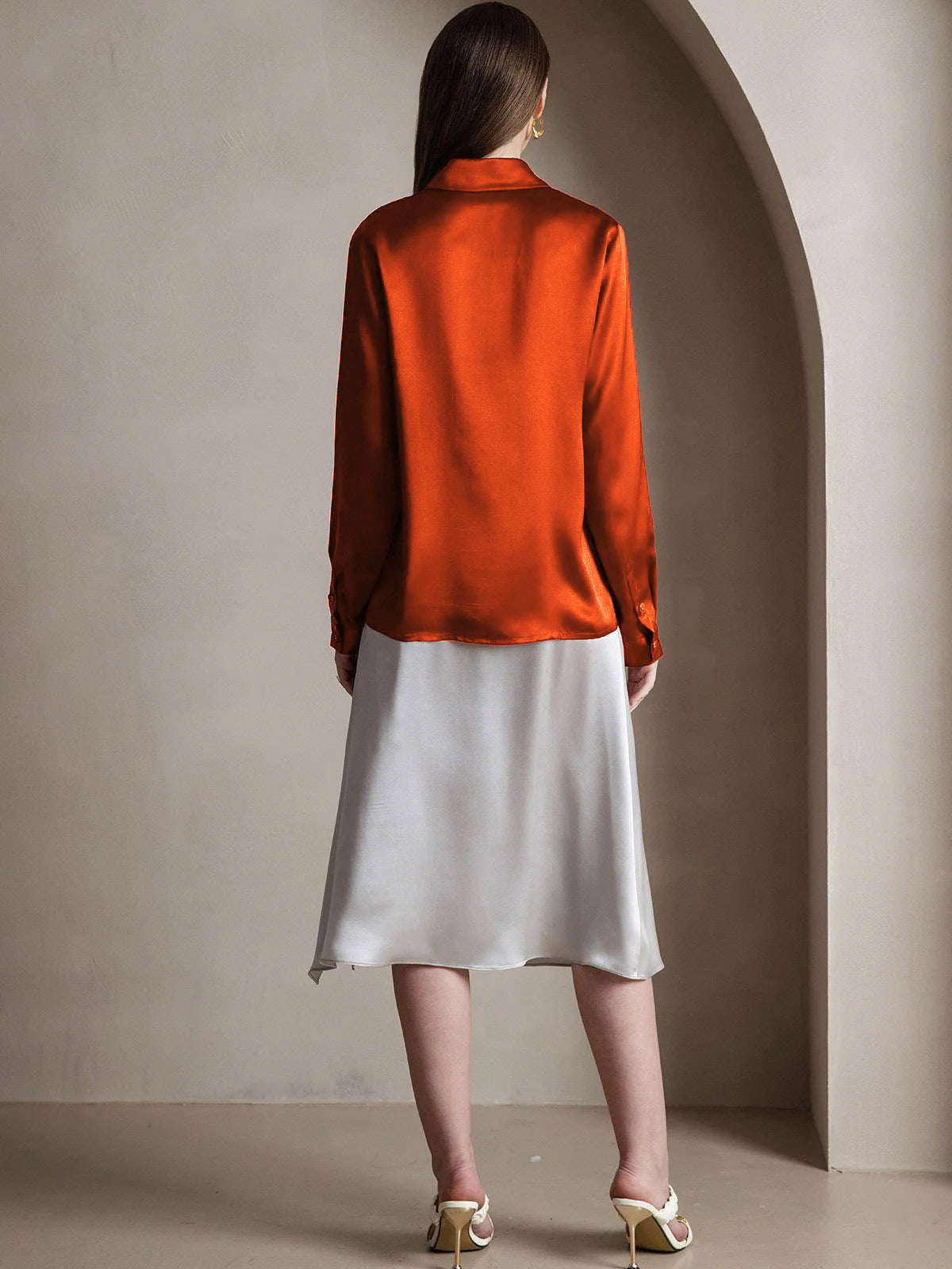 [Karamell] SilkSilky-NO 19Momme Silke Lapel Collar Skjorte for Kvinner 006