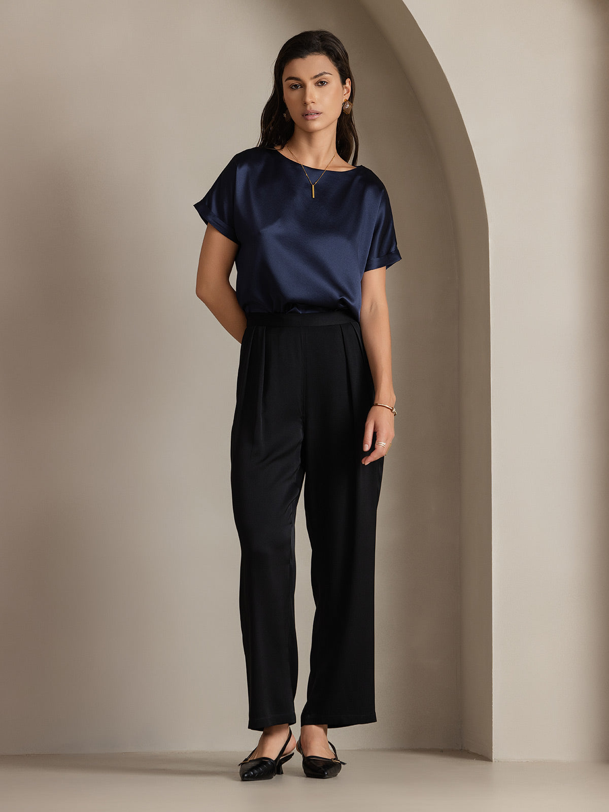 [Mørke blå] SilkSilky-NO 19Momme Silke Womens T-Shirt 004,
