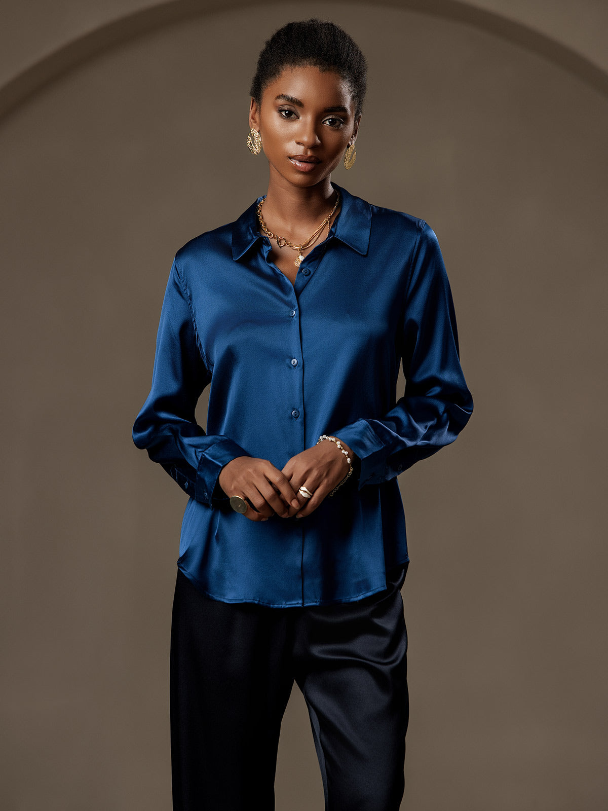 SilkSilky  Silk Blend Long Sleeve Collar Women's Shirt Teal 003