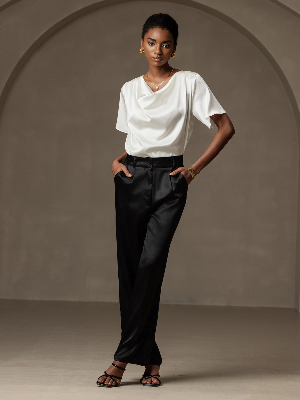 [Hvit] SilkSilky-NO 19Momme Silke Womens T-Shirt 006