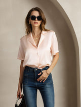 [Rosa] SilkSilky-NO Short Sleeve Lapel Collar Skjorte for Kvinner 006