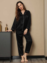 [Svart] SilkSilky-NO Long Sleeve Lapel Collar Pyjamas for Kvinner 004