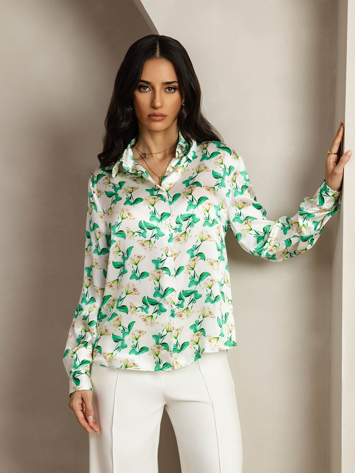 [Grønn Blomster] SilkSilky-NO Silke Lapel Collar Skjorte for Kvinner 001