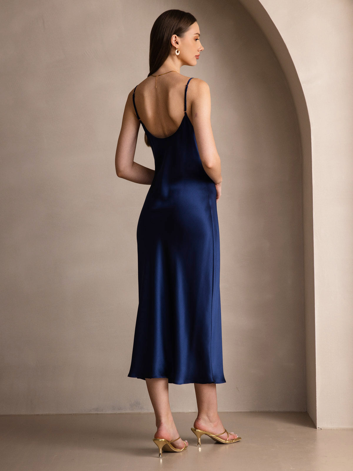 [Mørke blå] SilkSilky-NO Pure Silk Sleeveless Round Neck Kjole 002