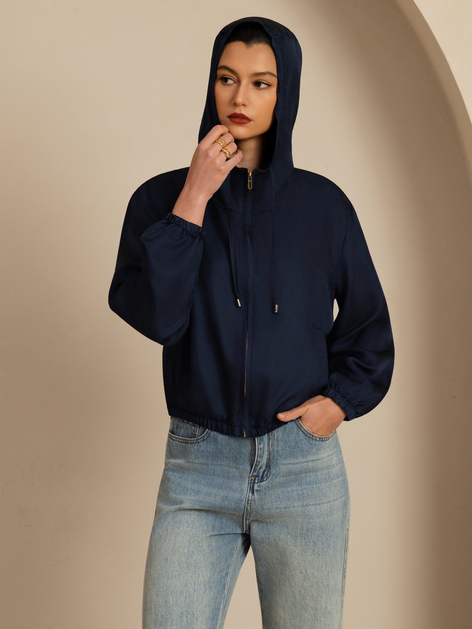 [Mørkeblå] SilkSilky-NO 18Momme Langermet Ståkrave Yttertøy for Kvinner 004