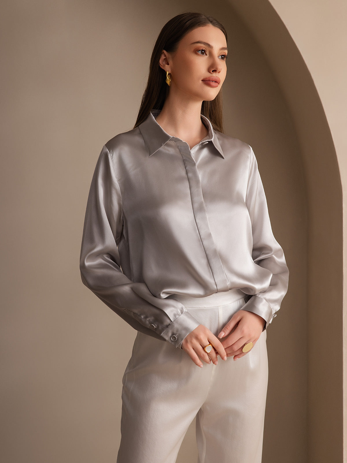 SilkSilky-NO 19Momme Womens Shirt Lysegrå 004