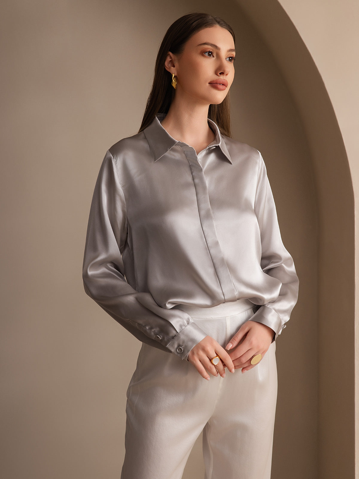[Lysegrå] SilkSilky-NO 19Momme Silke Lapel Collar Skjorte for Kvinner 004