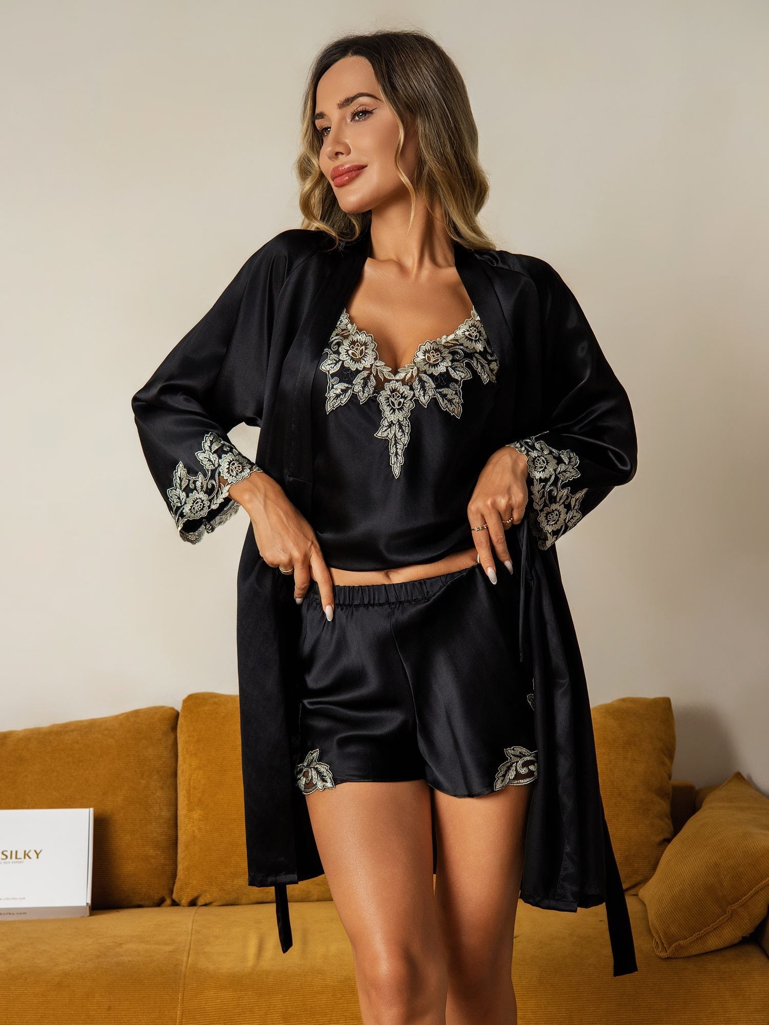 [Svart] SilkSilky-NO Silke Nightgown&Robe Set 003