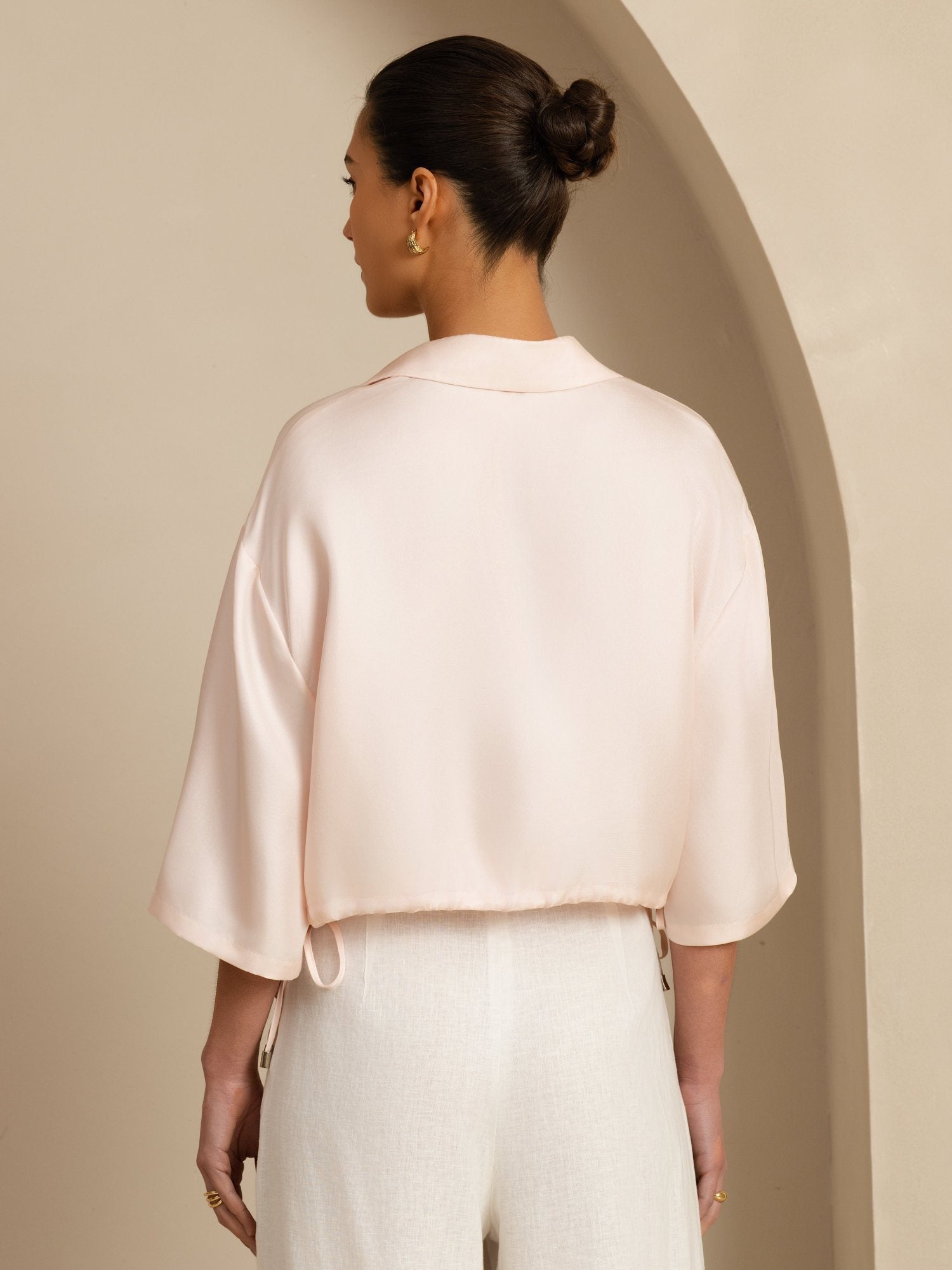 [Rosa] SilkSilky-NO 18Momme Halv erme Slagkrage Bluse 002