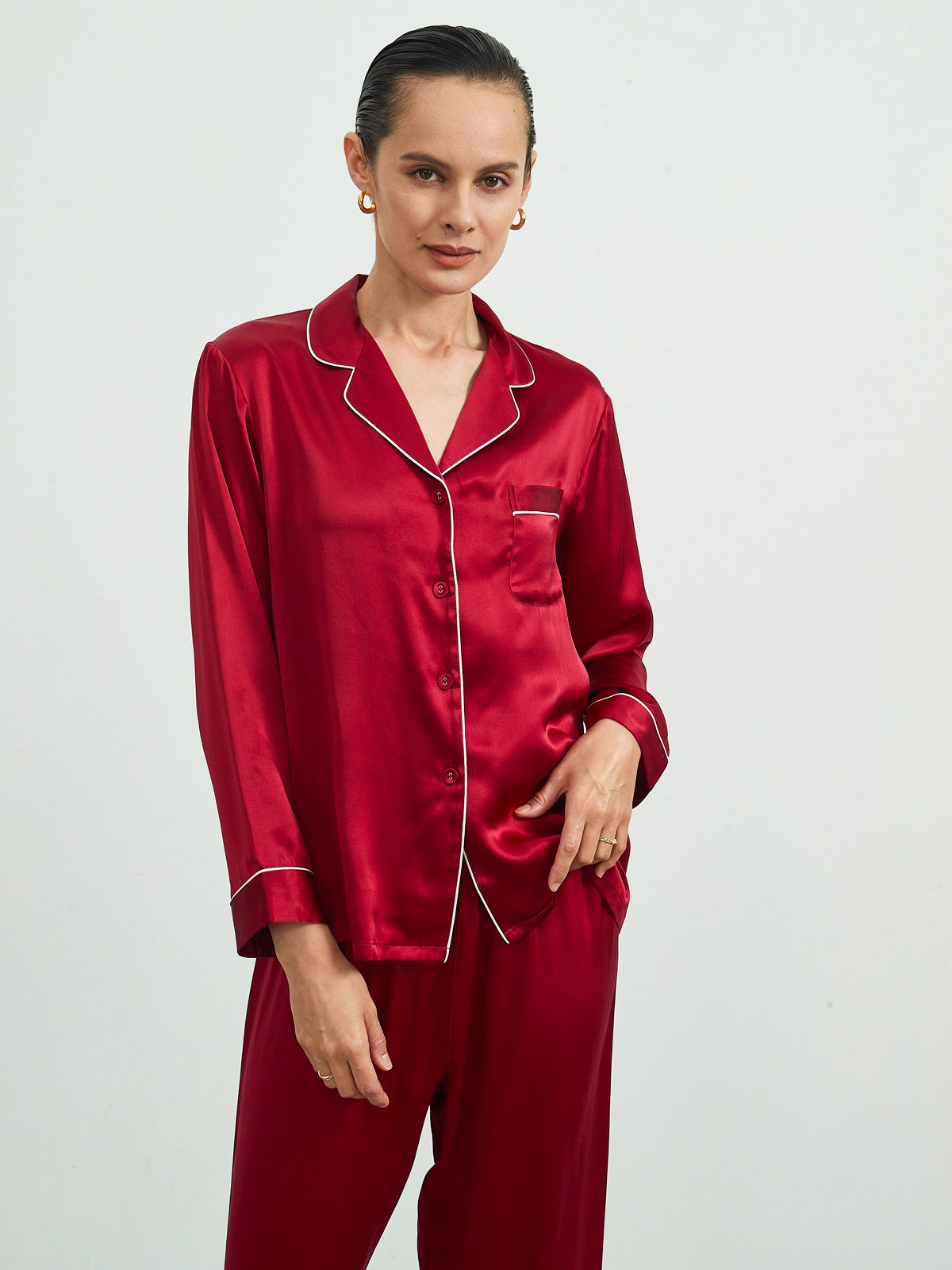 SilkSilky  Pure Silk Long Sleeve Lapel Women's Pajamas DarkRed 003