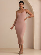 [Rosa] SilkSilky-NO Spaghetti Strap Boat Neck Kjole 003