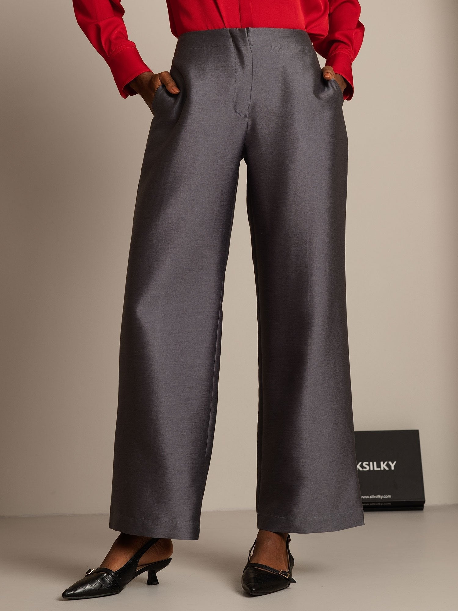 [Grå] SilkSilky-NO 32Momme Silk-Wool Blend Womens Pants 001,