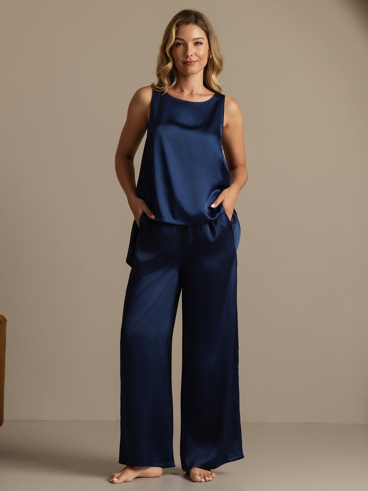 [Mørke blå] SilkSilky-NO Sleeveless Scoop Neck Pyjamas for Kvinner 007