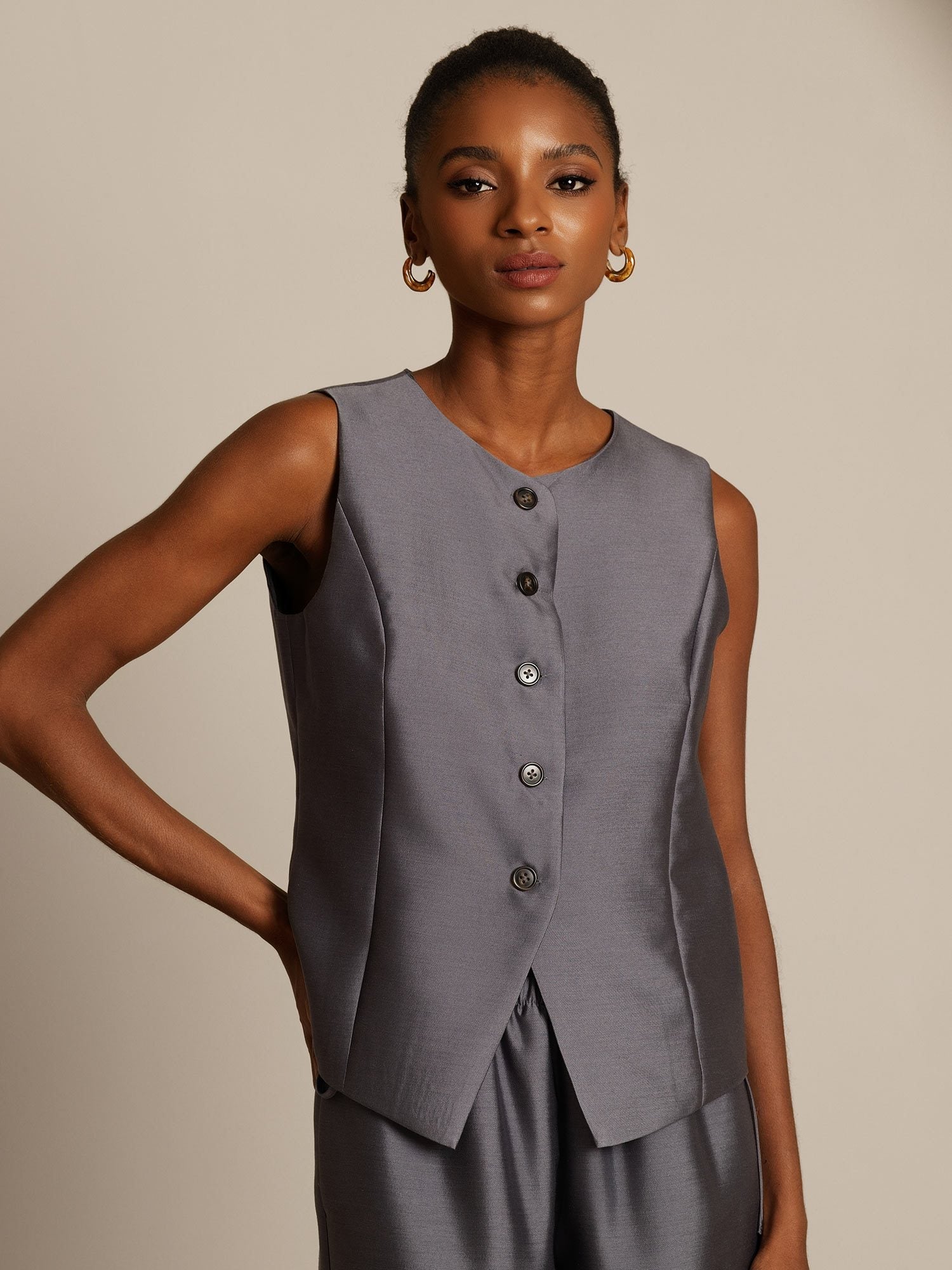 [Grå] SilkSilky-NO 32Momme Silk-Wool Blend Womens Vest 005,