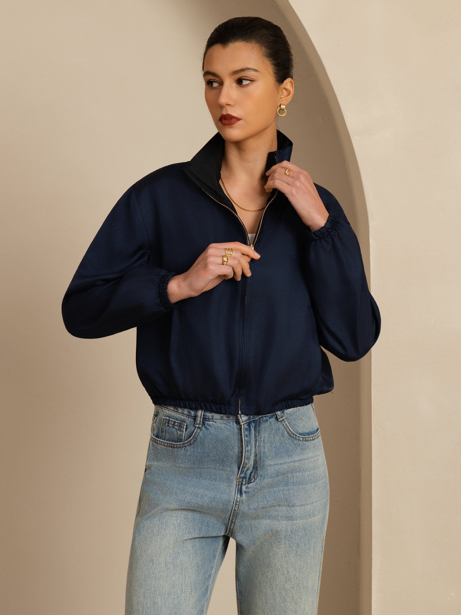 [Svart+Mørkeblå] SilkSilky-NO 18Momme Langermet Ståkrave Yttertøy for Kvinner 002