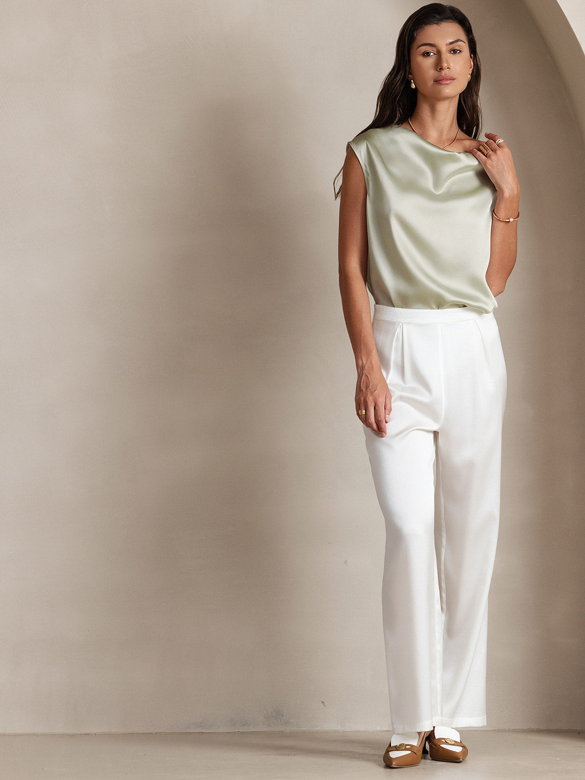 [Lysegrønn] SilkSilky-NO 19Momme Silke Cowl Neck T-skjorte for Kvinner 006