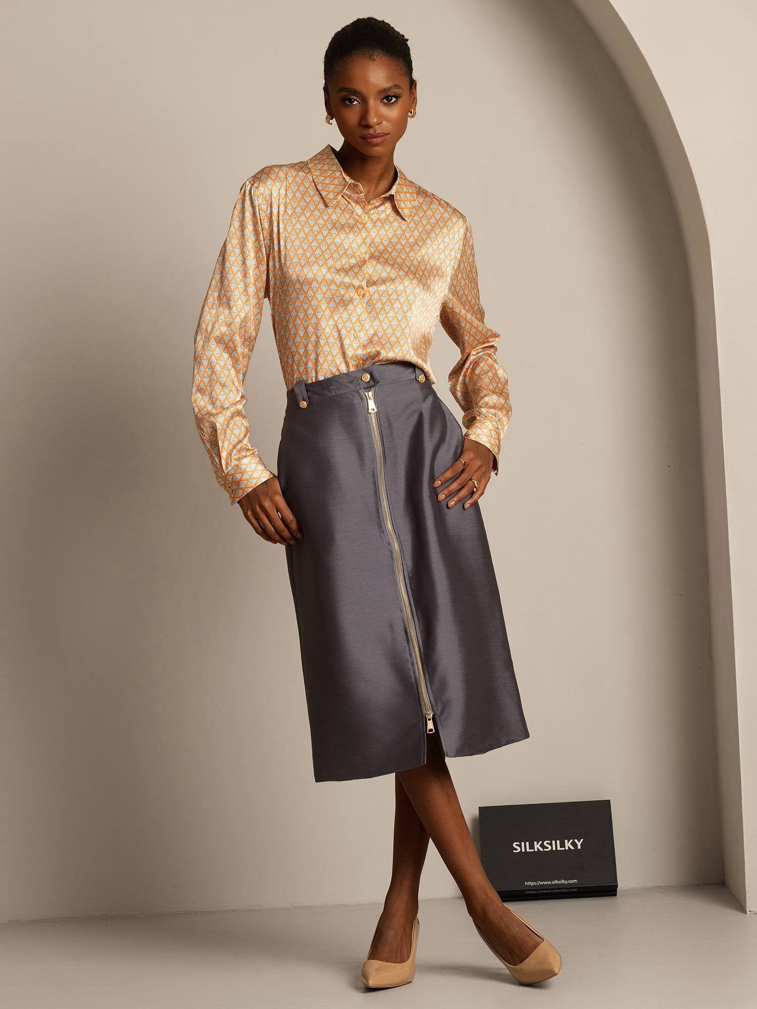 [Grå] SilkSilky-NO 32Momme Silk-Wool Blend Skirt 007,