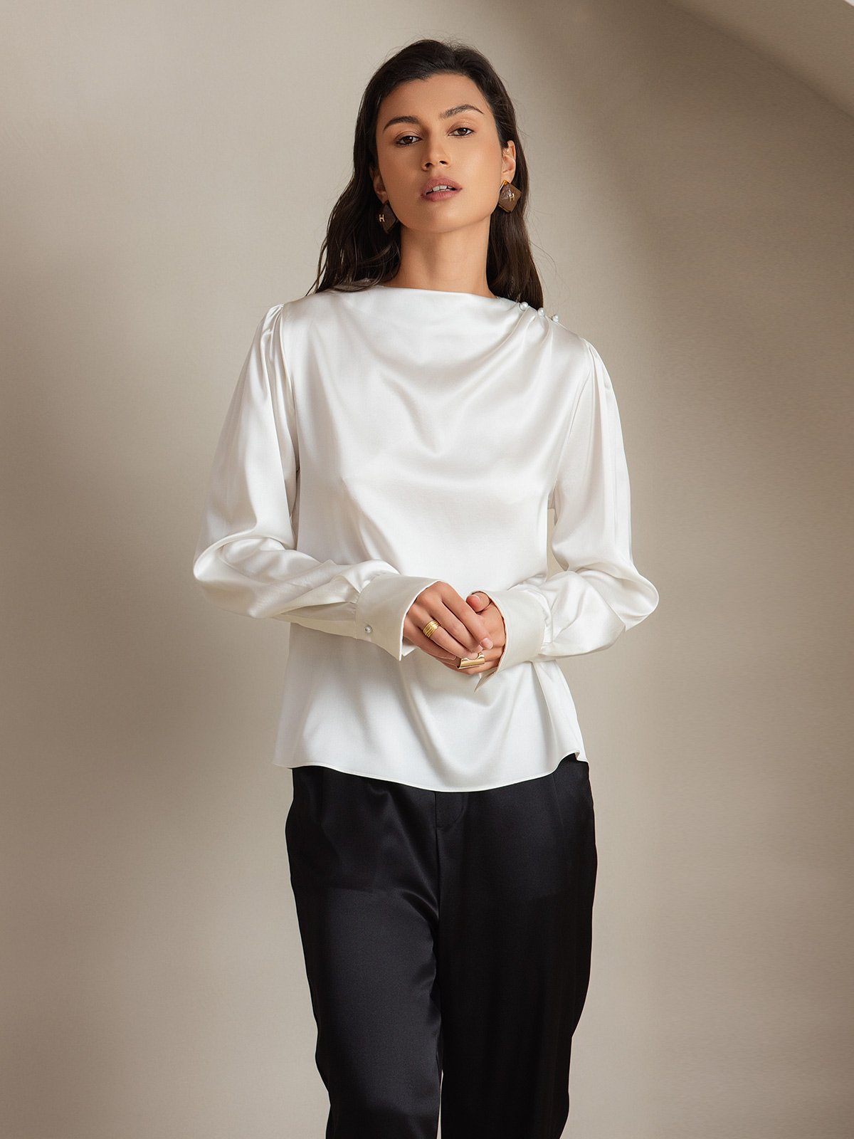 SilkSilky US 19Momme Silk Blend Long Sleeve Womens Shirt White 005