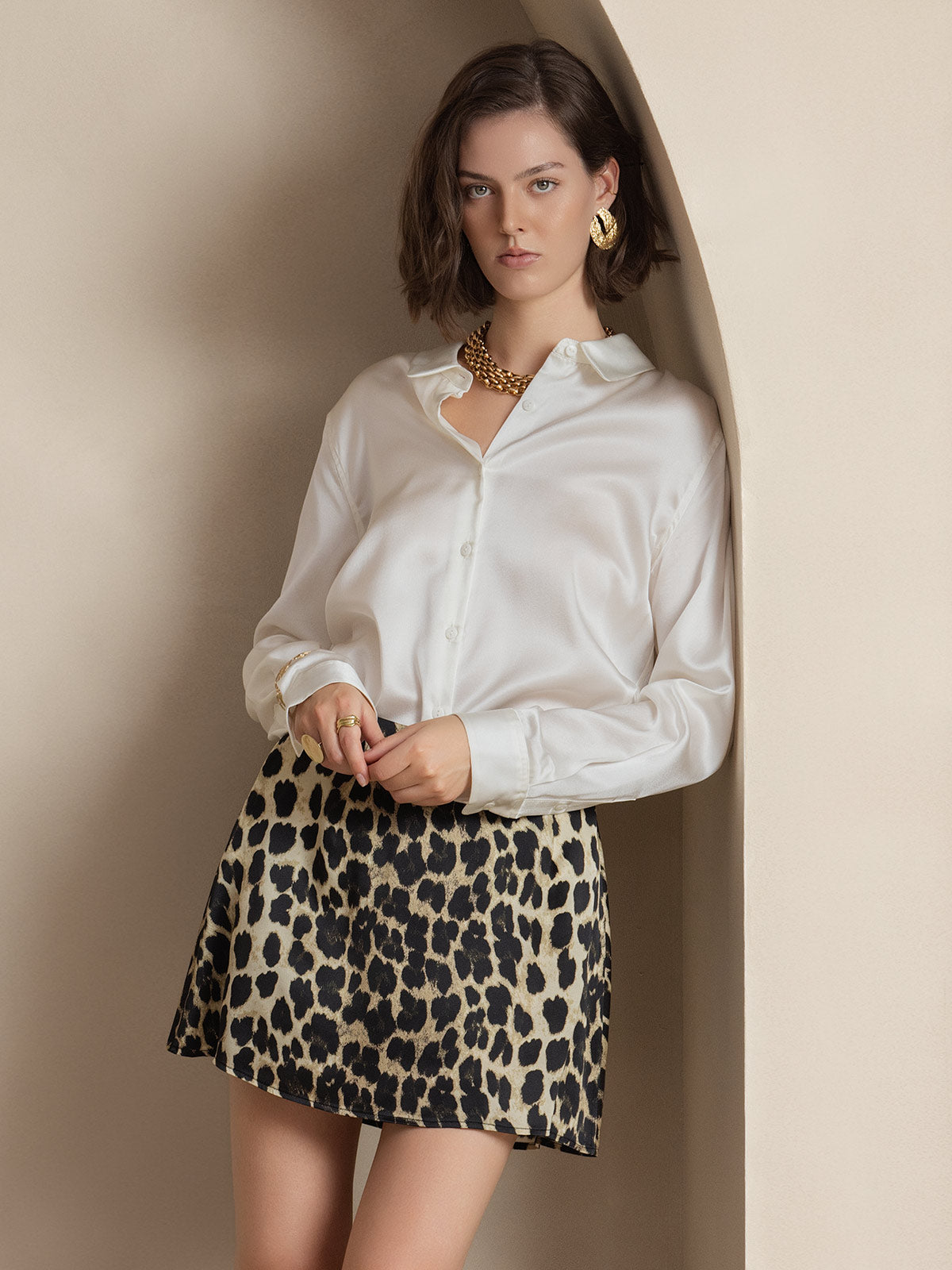 [Hvit] SilkSilky-NO Silke Long Sleeve Collar Skjorte for Kvinner 004