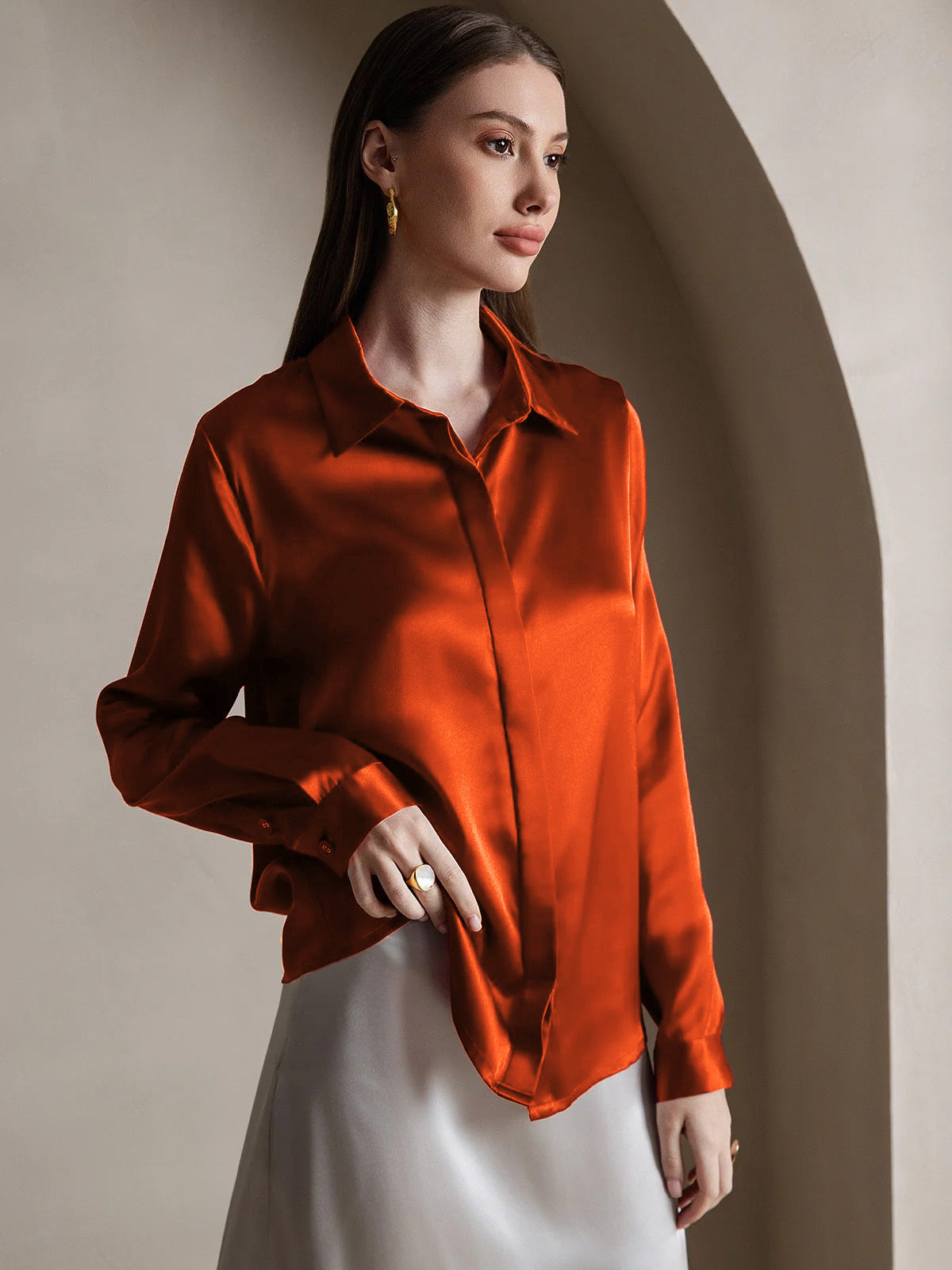[Karamell] SilkSilky-NO 19Momme Silke Lapel Collar Skjorte for Kvinner 004