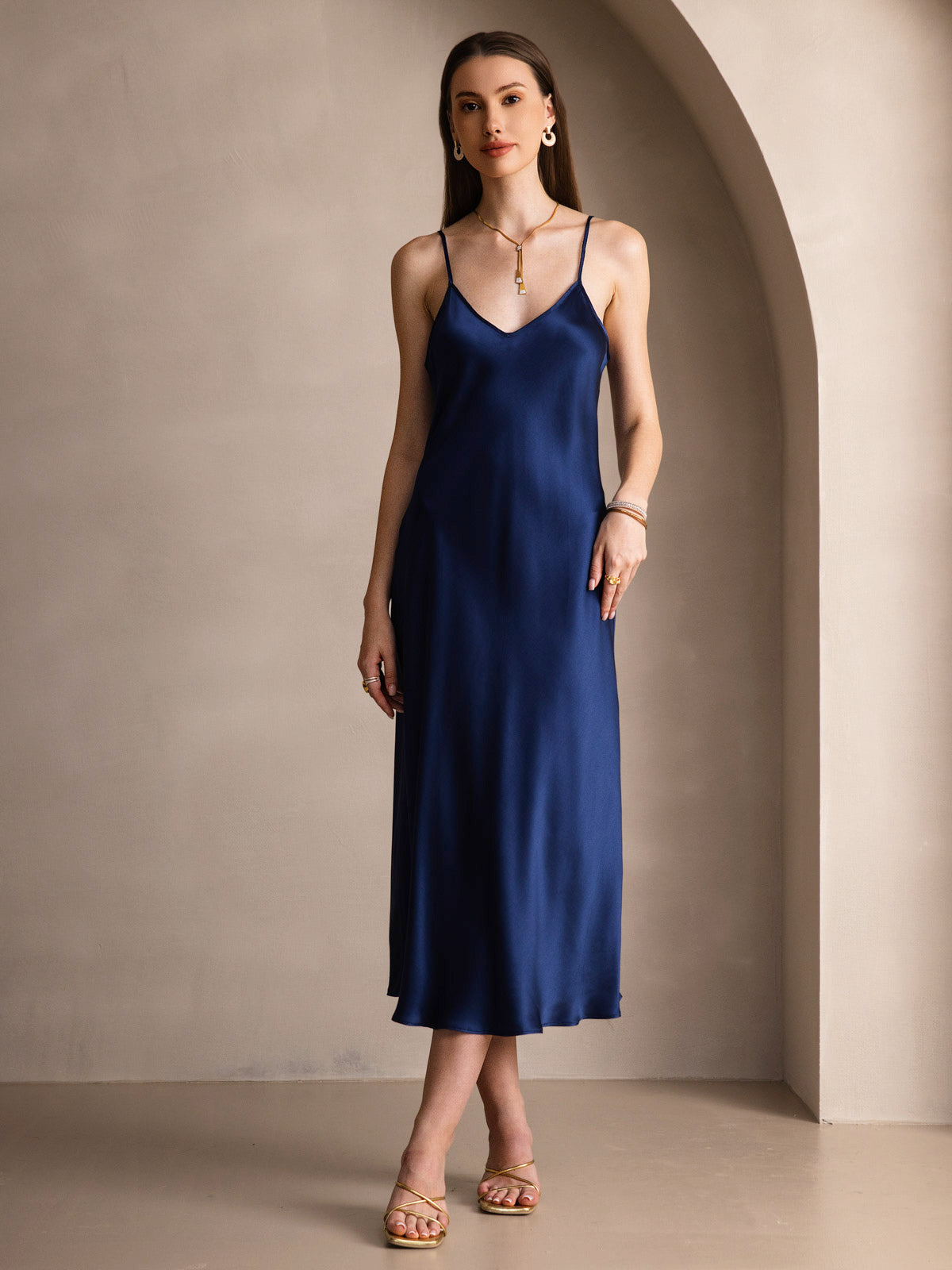[Mørke blå] SilkSilky-NO Pure Silk Sleeveless Round Neck Kjole 003