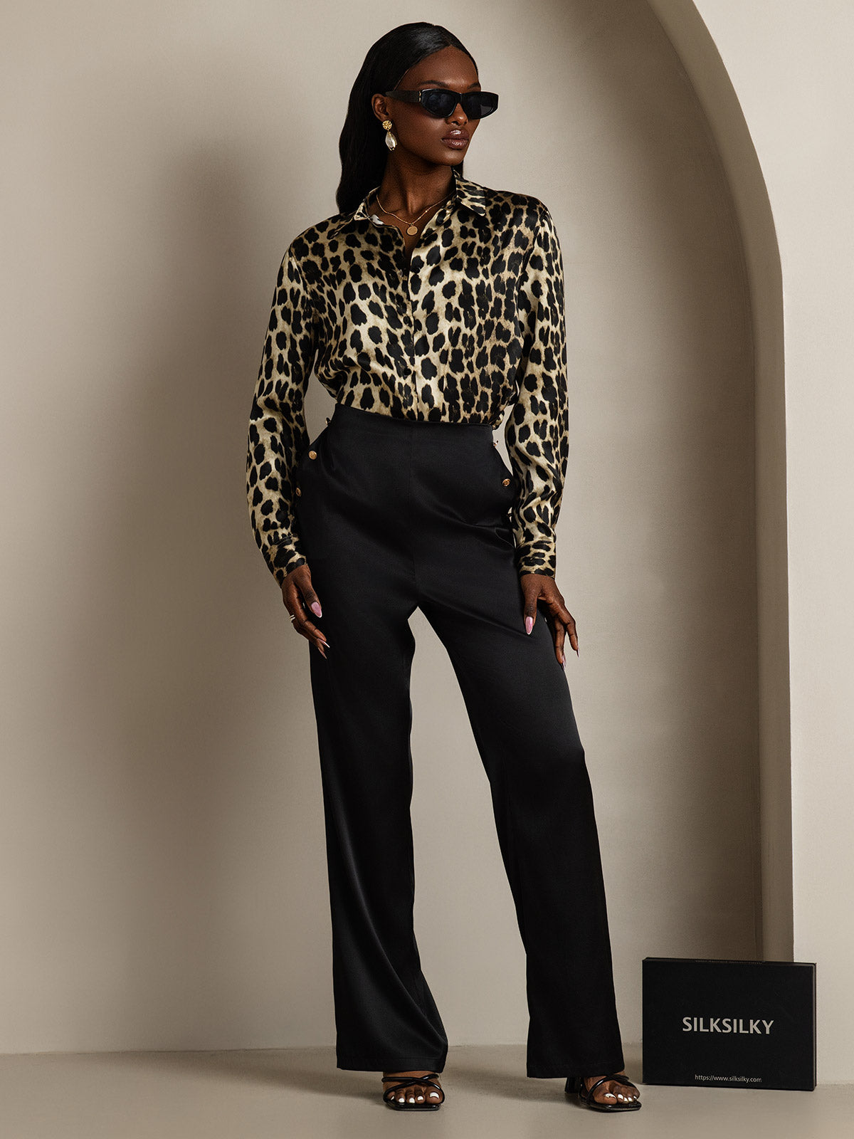 [Leopard] SilkSilky-NO 19Momme Langermet Slagkrage Skjorte for Kvinner 008