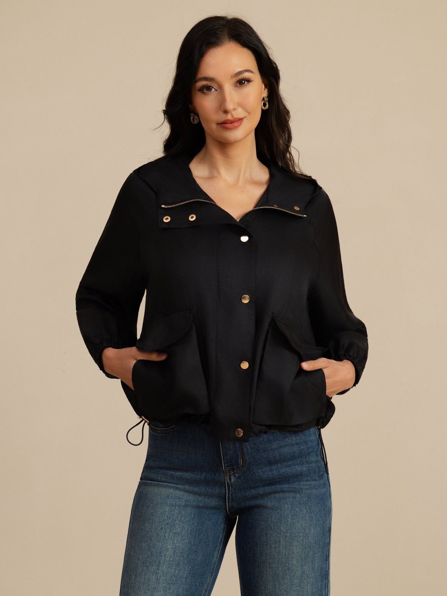 [Svart] SilkSilky-NO Langermet Høy Hals Yttertøy for Kvinner 004