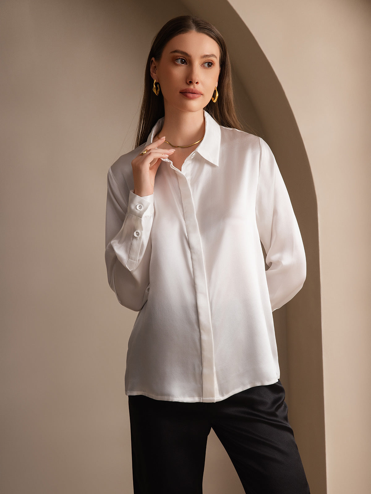[Hvit] SilkSilky-NO 19Momme Silke Lapel Collar Skjorte for Kvinner 004