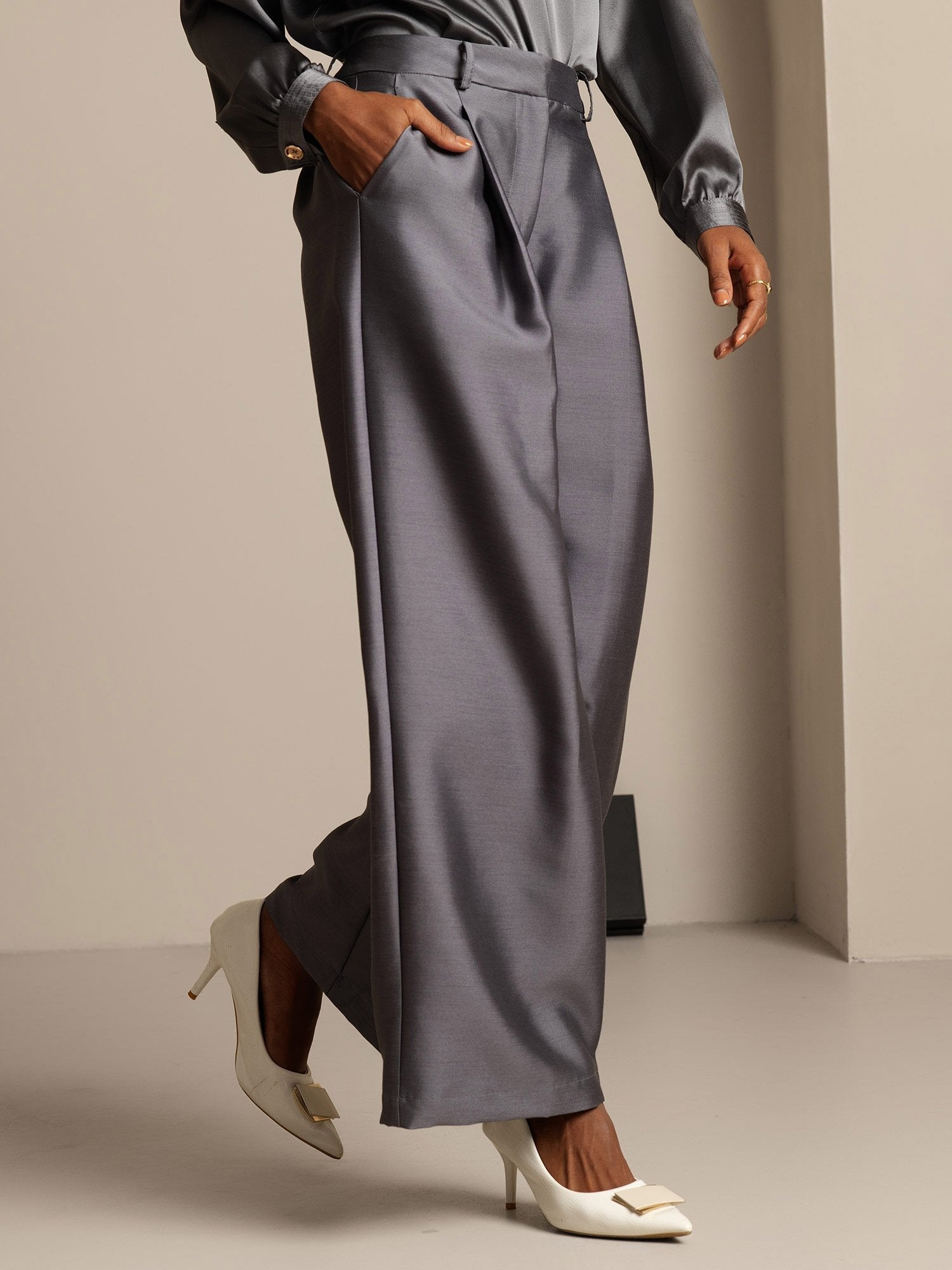 [Grå] SilkSilky-NO 32Momme Silk-Wool Blend Womens Pants 003,