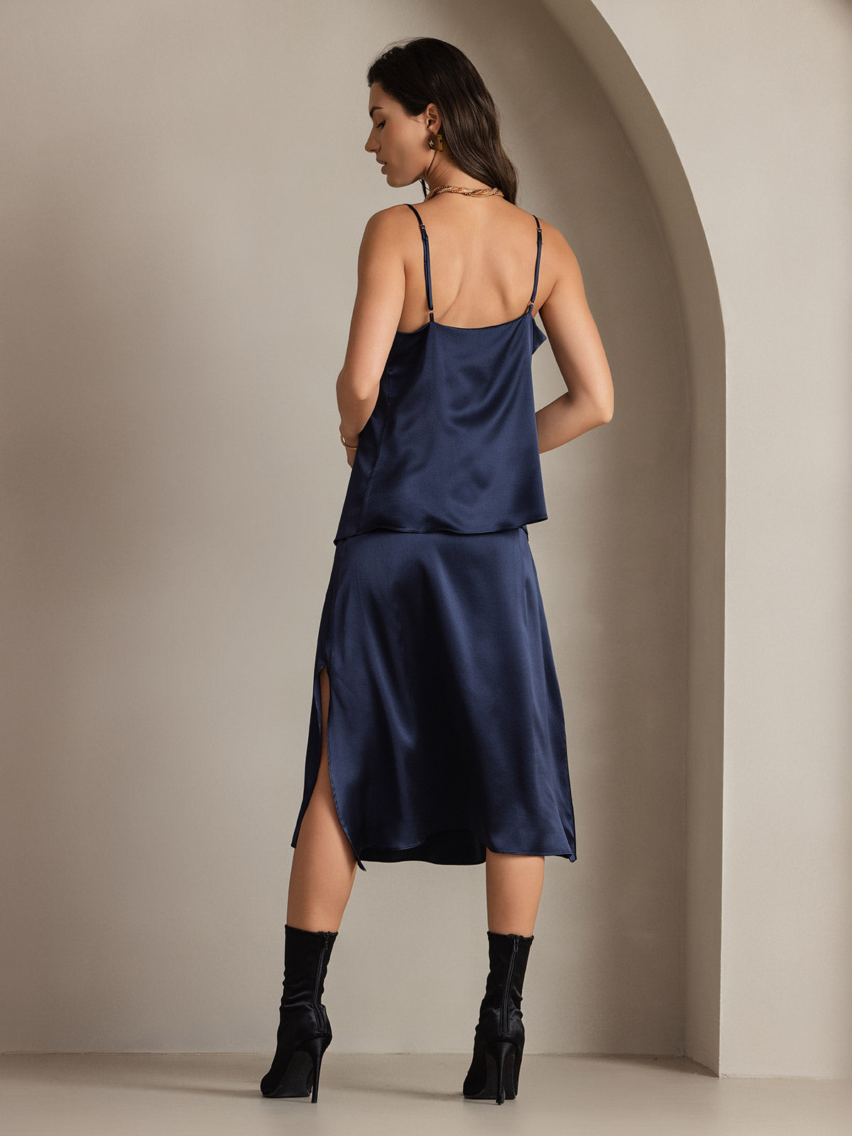 [Mørke blå] SilkSilky-NO 19Momme Silke Skirt 002