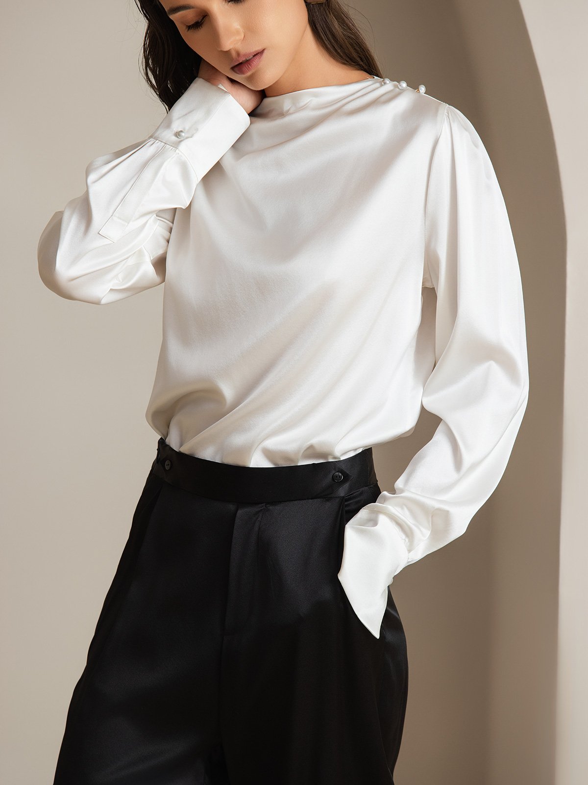 [Hvit] SilkSilky-NO 19Momme Silke Womens Shirt 003