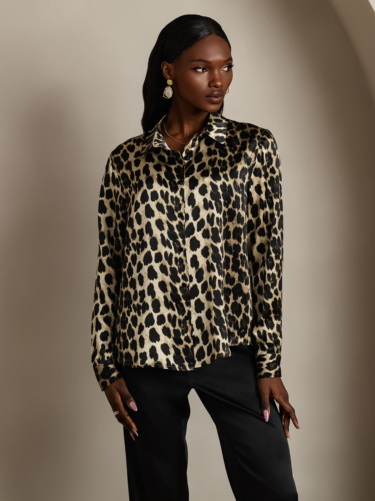 [Leopard] SilkSilky-NO 19Momme Langermet Slagkrage Skjorte for Kvinner 004