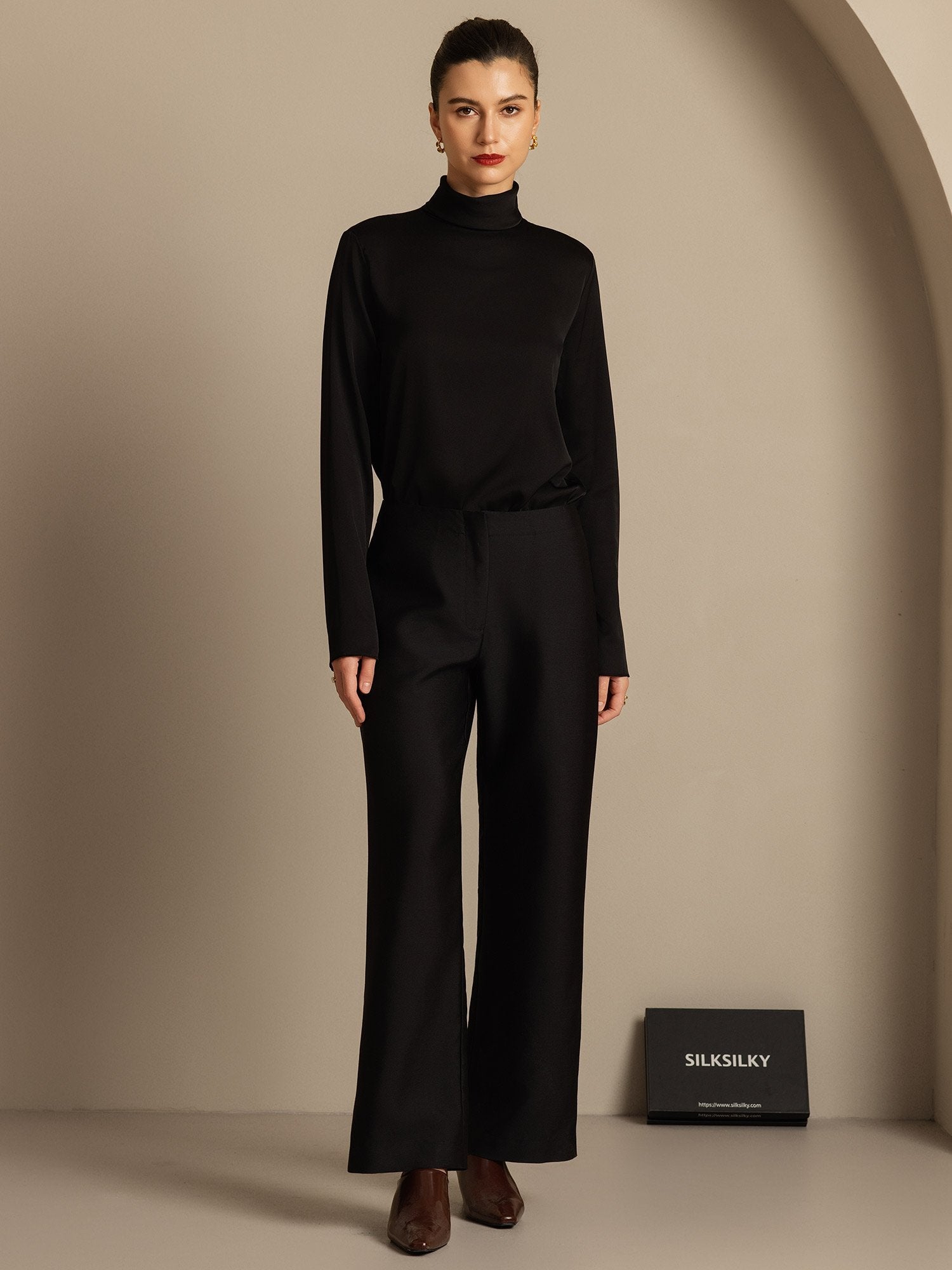 [Svart] SilkSilky-NO 32Momme Silk-Wool Blend Womens Pants 005,