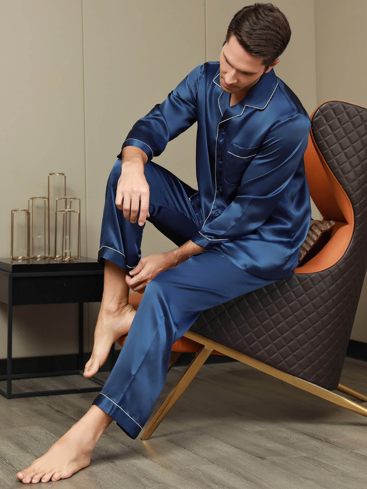 SilkSilky  Pure Silk Long Sleeve Lapel Men's Pajamas DarkBlue 007