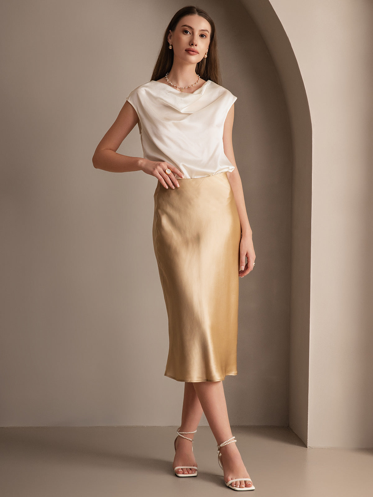 SilkSilky  19Momme Pure Silk Skirt Champagne 001